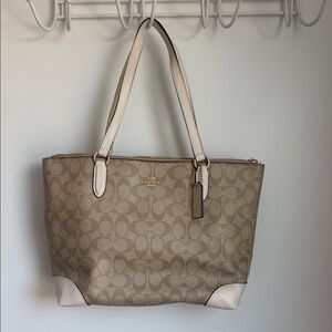 Coach Khaki Signature Tote with Chalk Leather Trim